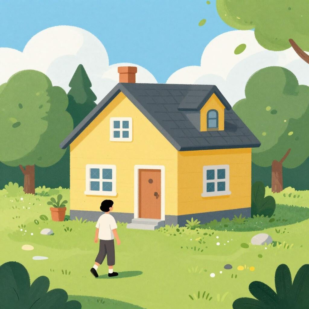 A person walking back towards a cozy yellow house they just left.