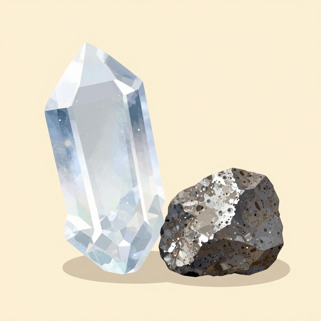 A raw, shiny piece of crystal quartz and a chunk of iron ore sitting on a flat surface.