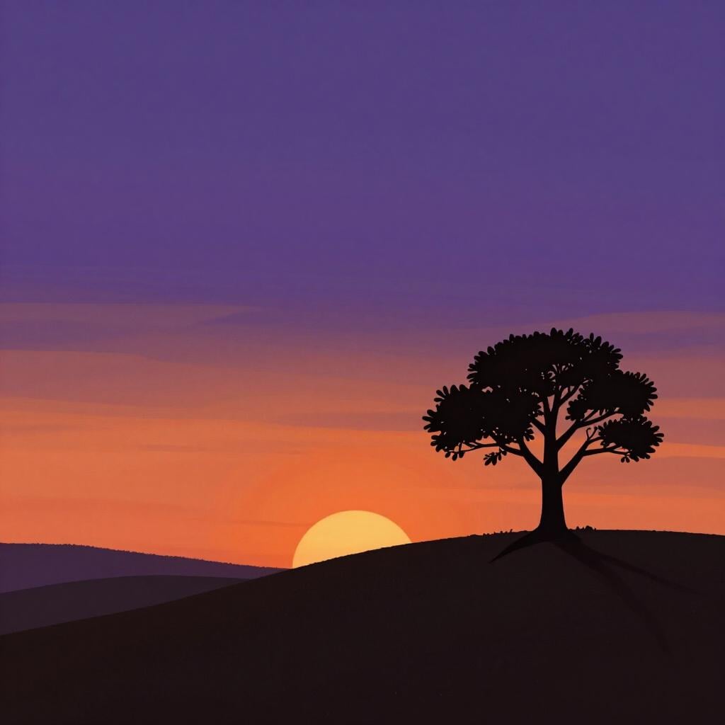 A silhouette of a small hill and a single tree against a deep purple and orange twilight sky.