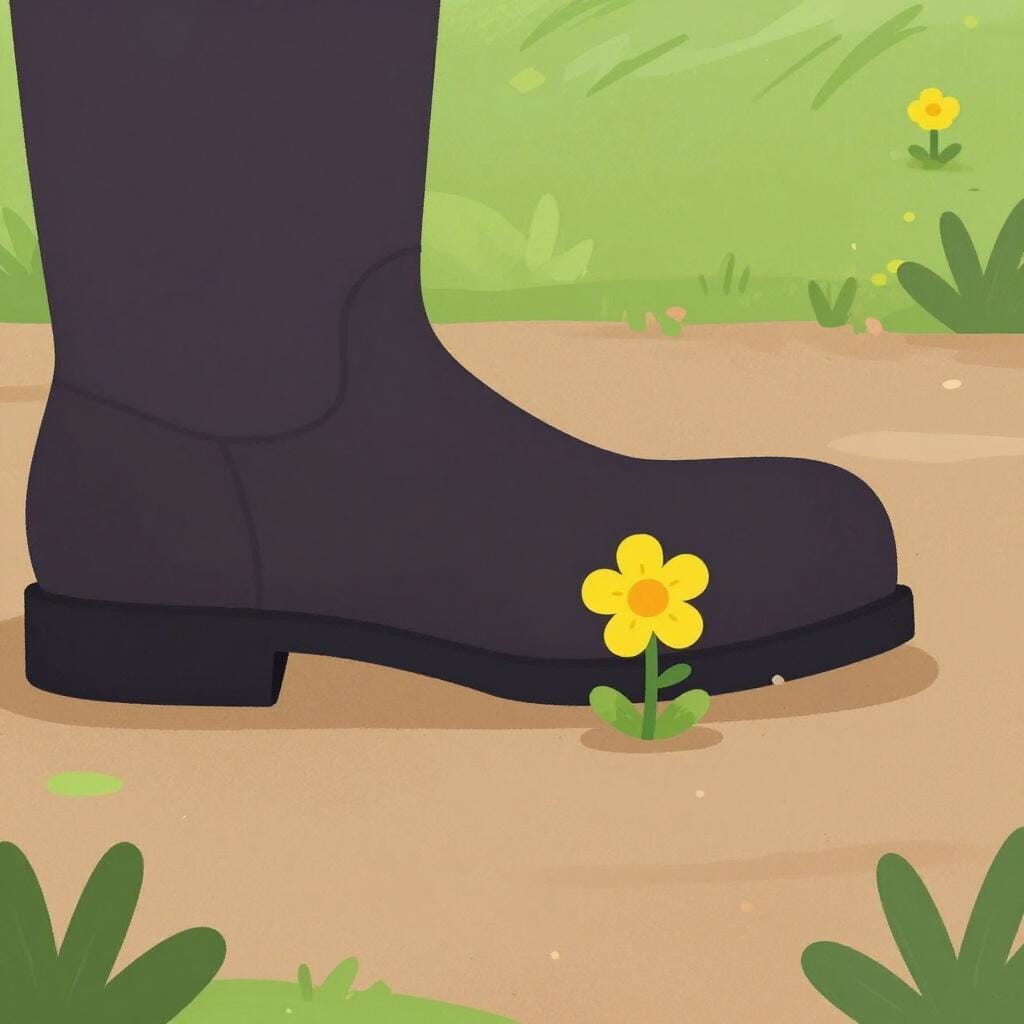 A large, heavy boot hovering over a tiny, delicate yellow flower.