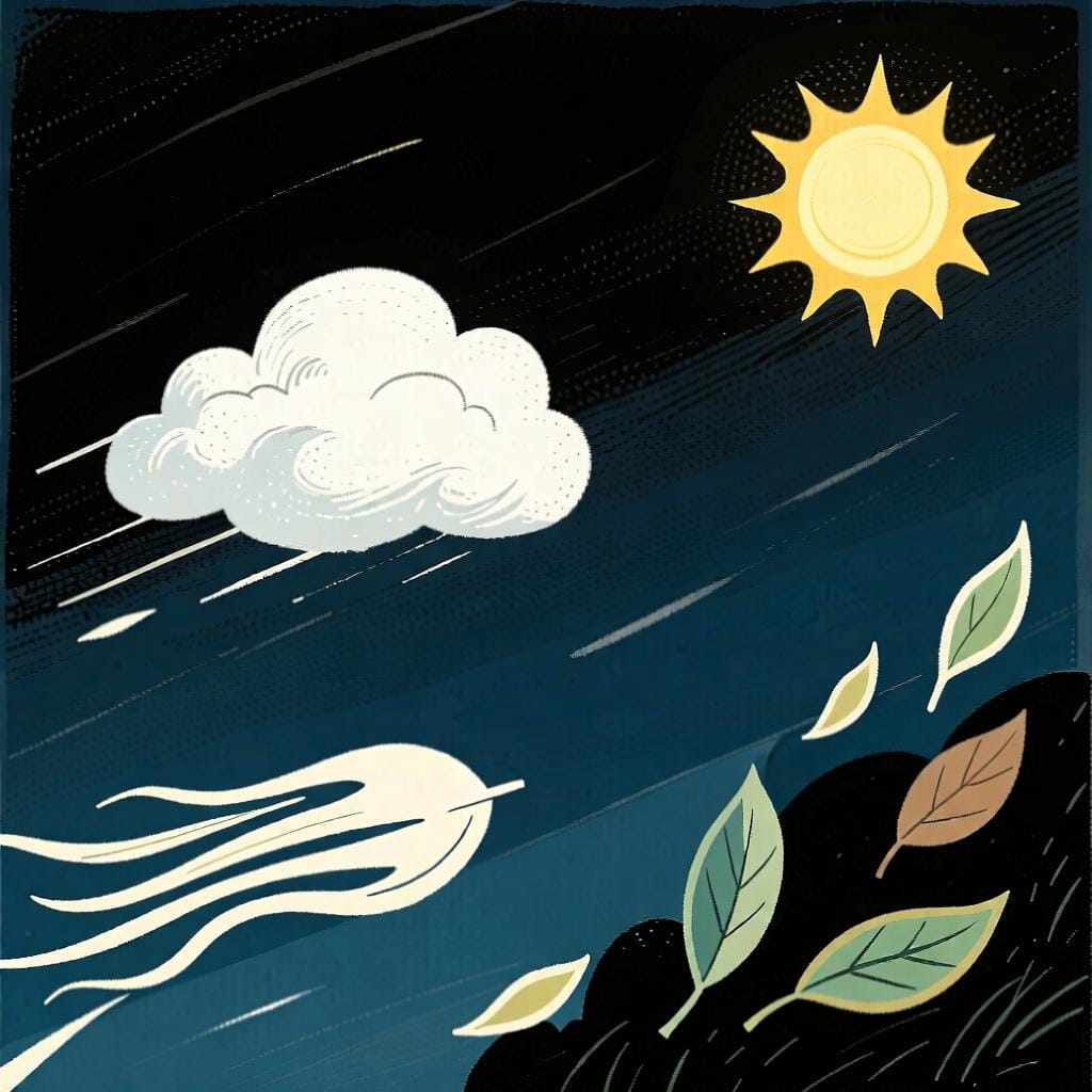 A sky showing multiple weather conditions at once: a sun, a cloud, and wind blowing leaves.