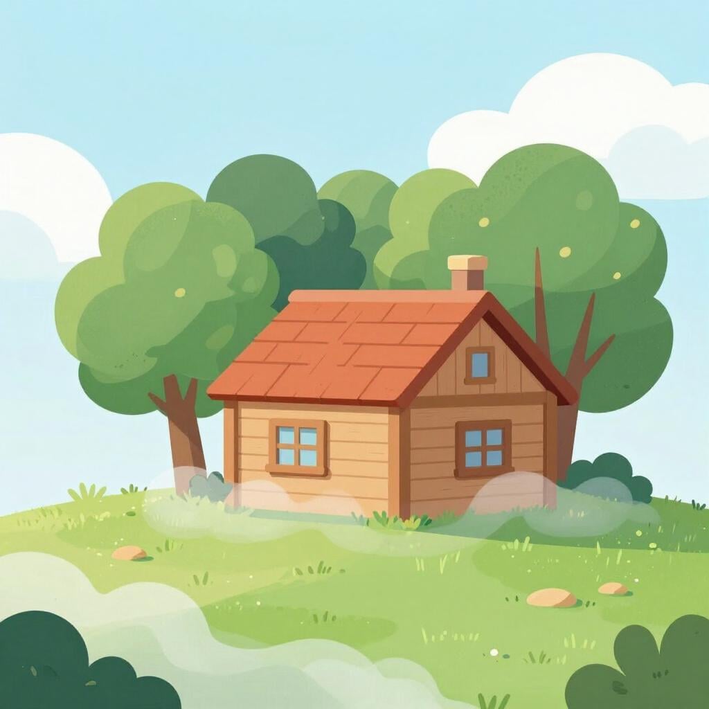 A small cottage on a hill partially covered by thick, soft white mist.