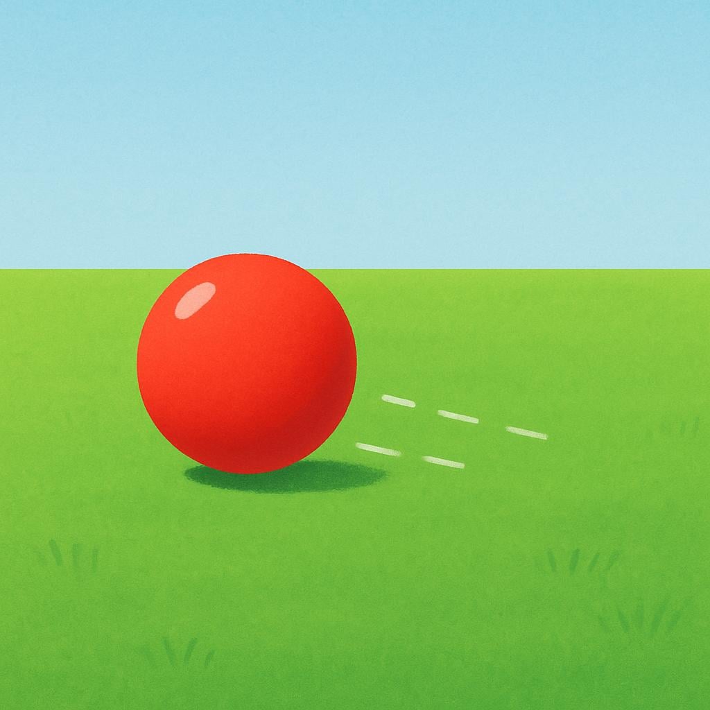 A red ball mid-roll across a bright green field, depicted with simple motion lines indicating speed and change of position.