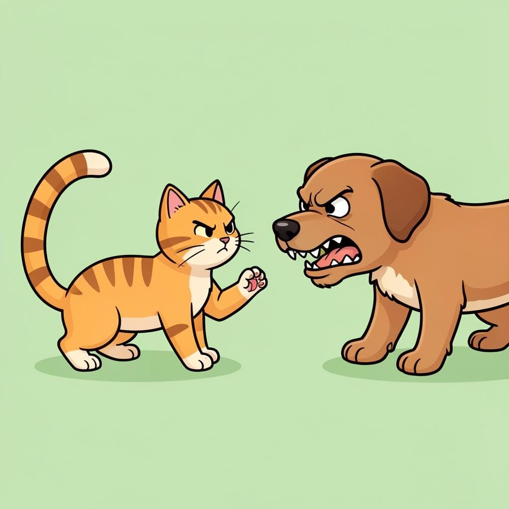 A cat with an arched back and a dog growling at each other, showing clear opposition and dislike.