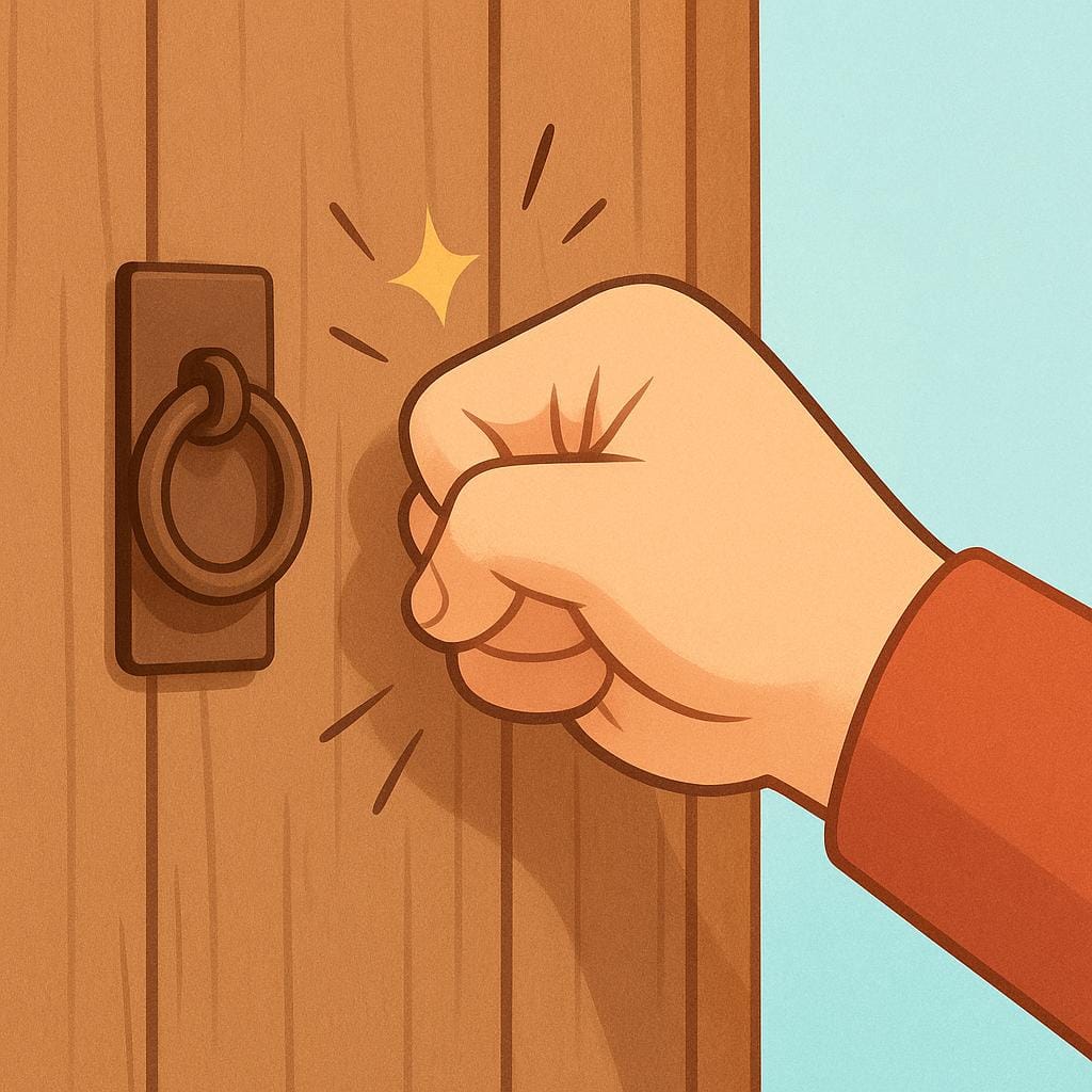 A human fist making contact with a wooden door, depicting the action of knocking.