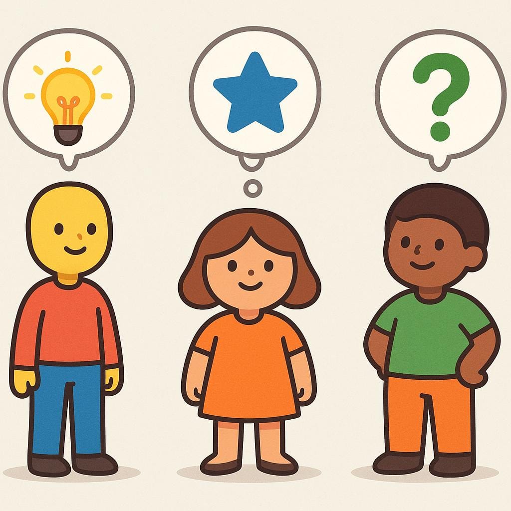 Three stylized, simple figures standing together. Above each person's head is a distinct thought bubble containing a different symbol, illustrating their varied opinions or perspectives.