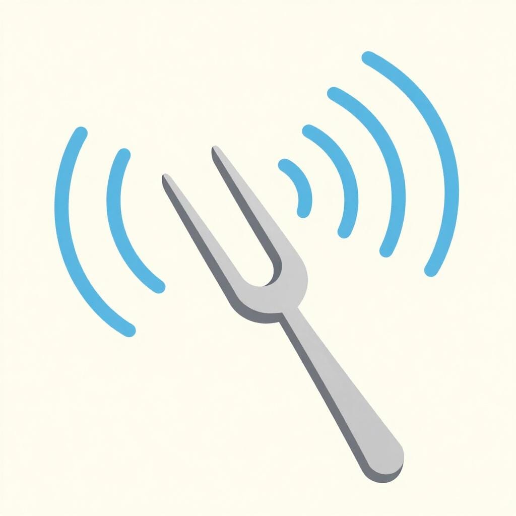 Eine Stimmgabel, die vibriert, mit kleinen gekrümmten Linien darum, um Schallwellen zu zeigen.