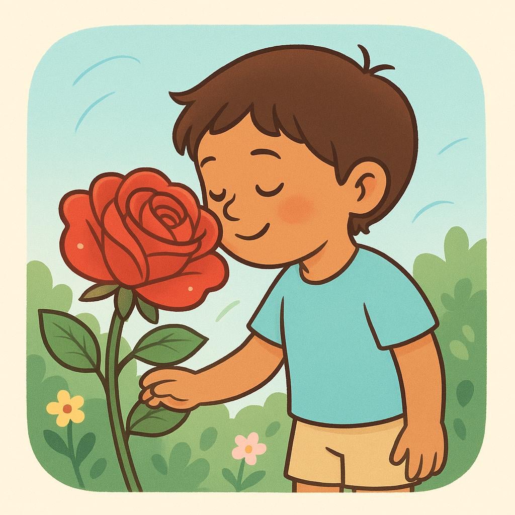 A smiling person gently smelling a large, brightly colored red rose.