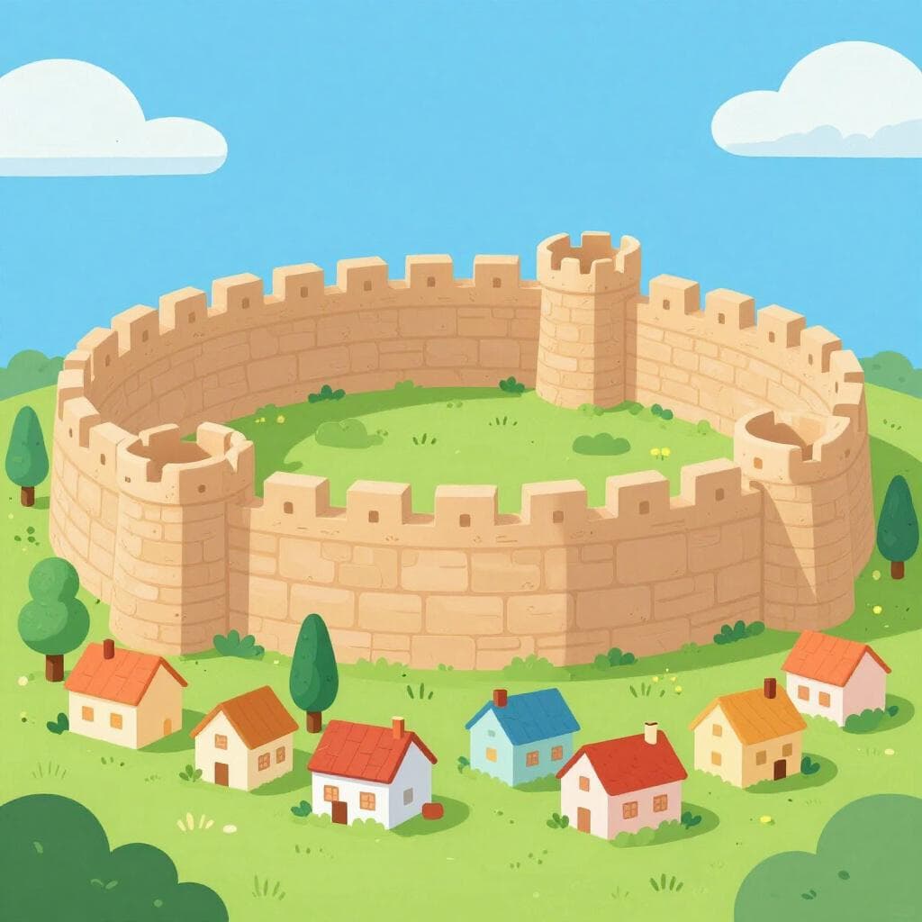 A thick stone wall with battlements surrounding a small village with colorful houses.
