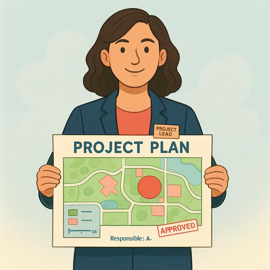 A single woman standing confidently, holding a brightly colored blueprint or plan, indicating she is the main responsible party for the project.