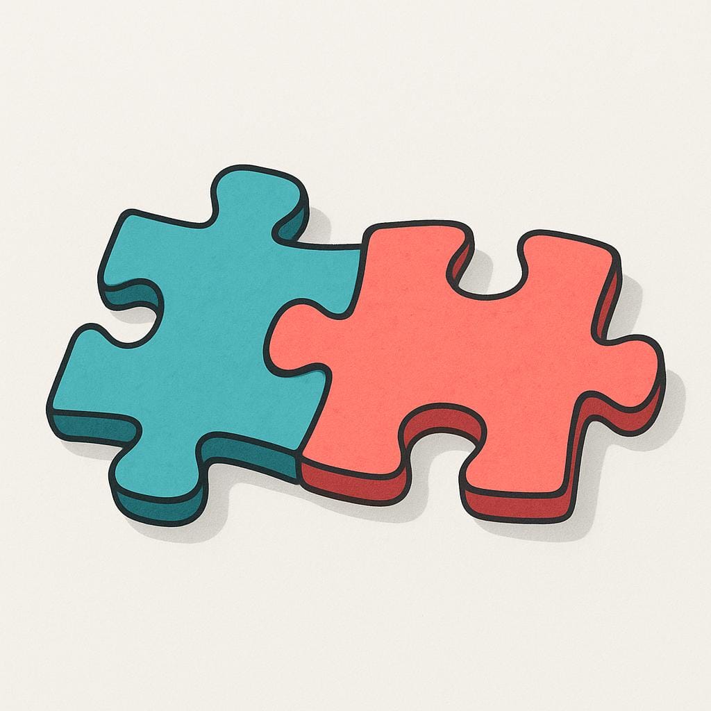 Duas peças de quebra-cabeça distintas e coloridas se encaixando perfeitamente em uma superfície plana, simbolizando a derivação de uma conclusão.