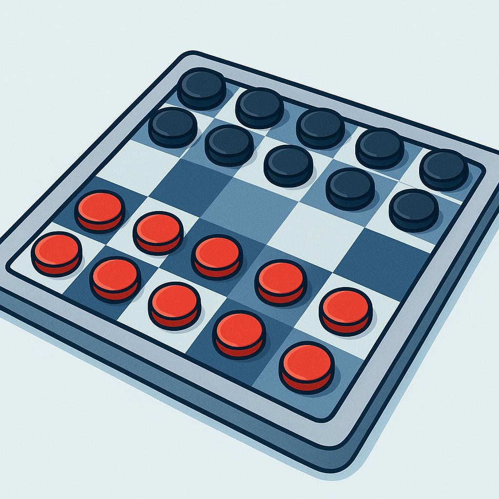 A classic red and black checkered board game setup with several circular game pieces in play.