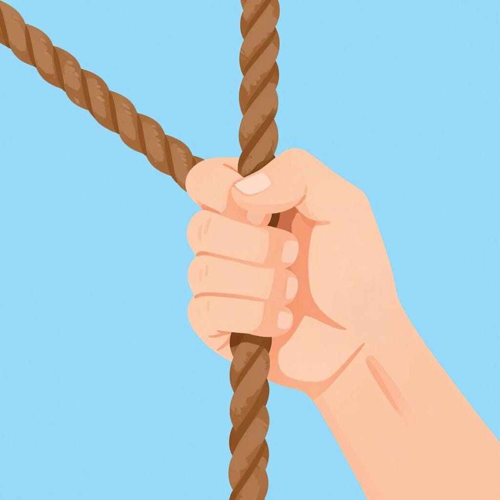 Une main forte agrippant fermement une corde épaisse en bois.