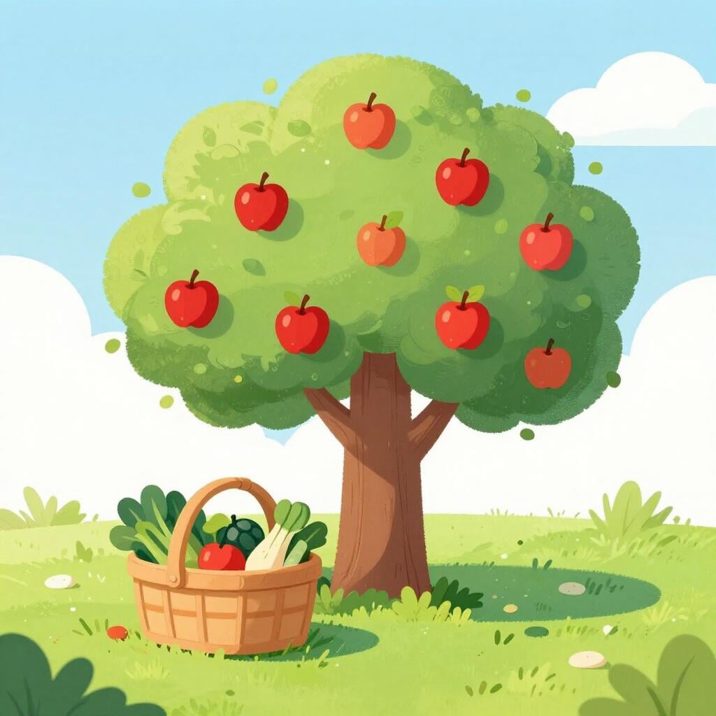 Ein üppiger, grüner Garten mit einem kleinen Obstbaum voller reifer Äpfel, einem Korb mit Gemüse und einer hellen Sonne, die darüber scheint.