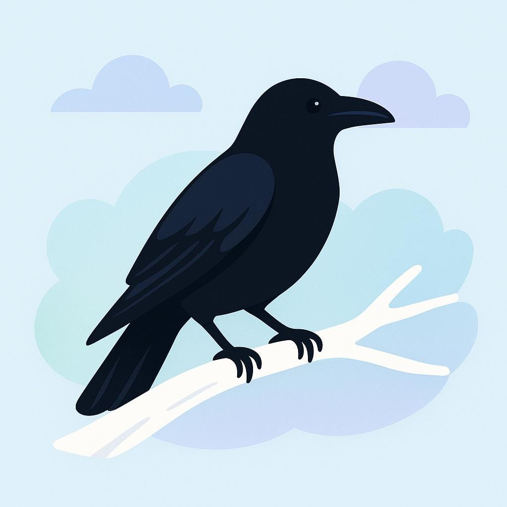 A high quality illustration of a sleek black raven perched on a white branch, emphasizing the color black.