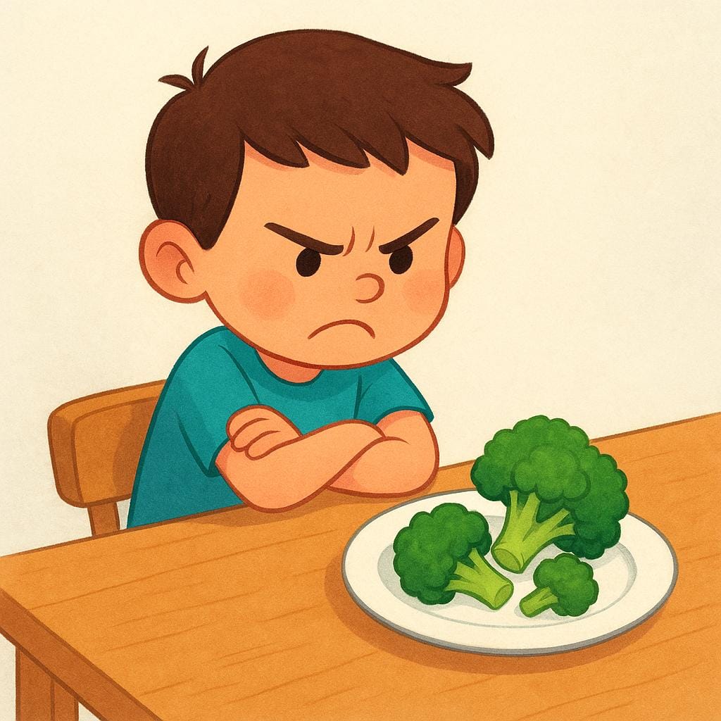 A high quality storybook illustration of a young boy with a fierce scowl and crossed arms, aggressively pushing away a plate of bright green broccoli, clearly demonstrating intense dislike.