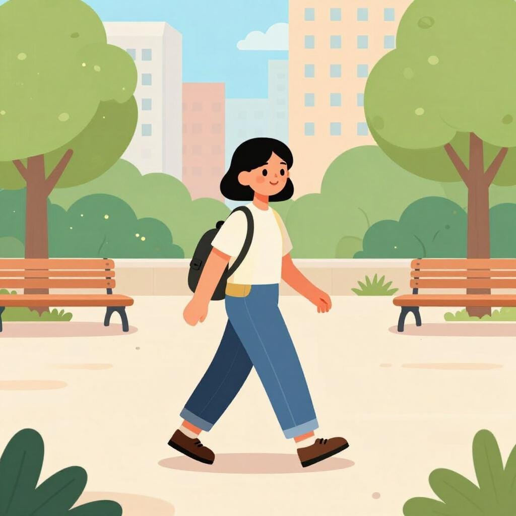 A person happily walking through a lively plaza with a bag over their shoulder.