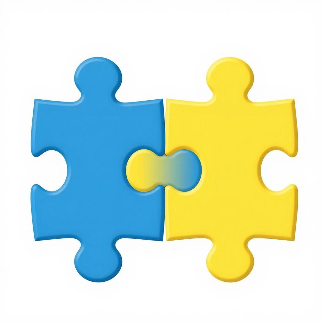 Deux pièces de puzzle aux couleurs et motifs assortis s'emboîtant parfaitement.