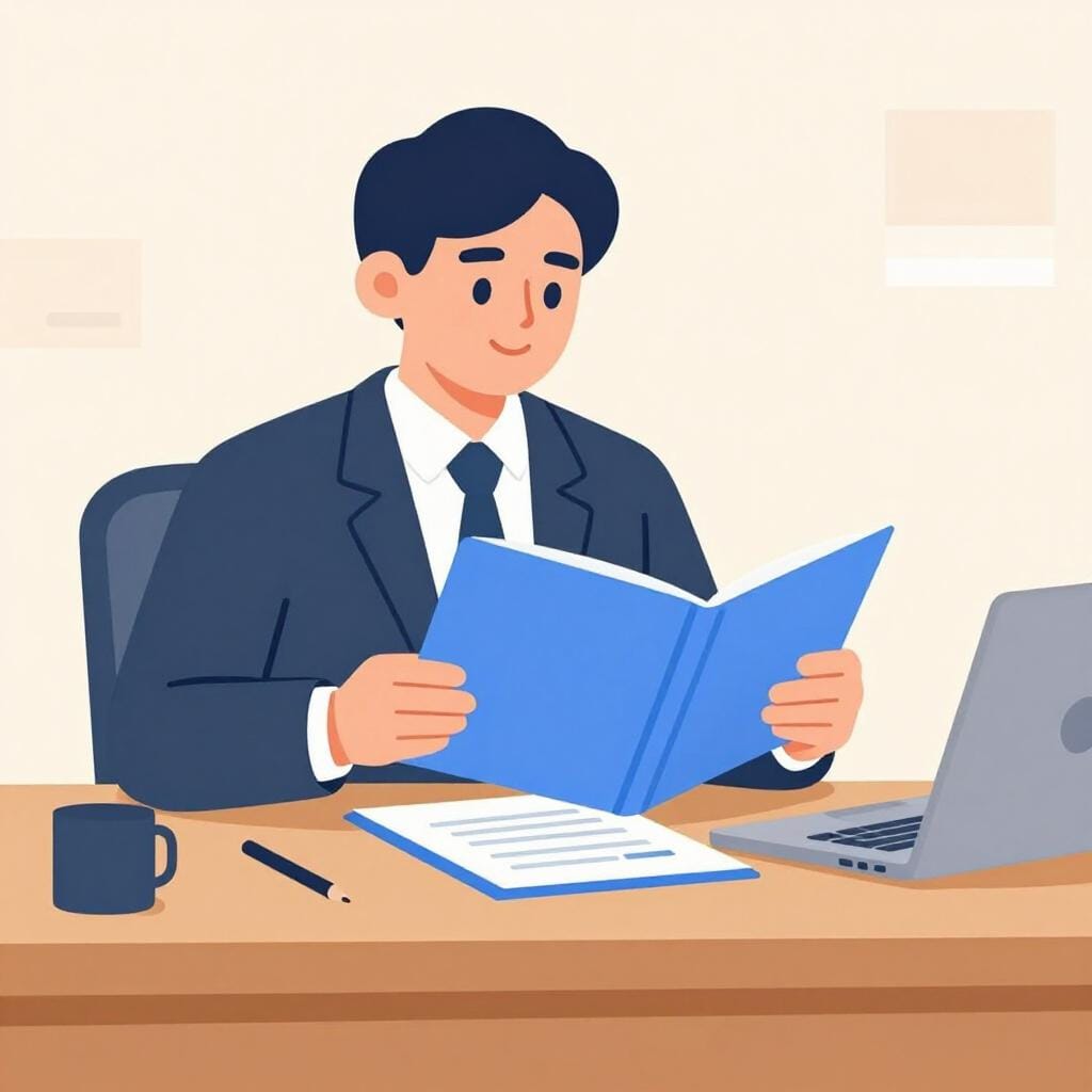 An official in a suit carefully examining a folder of documents at a wooden desk.