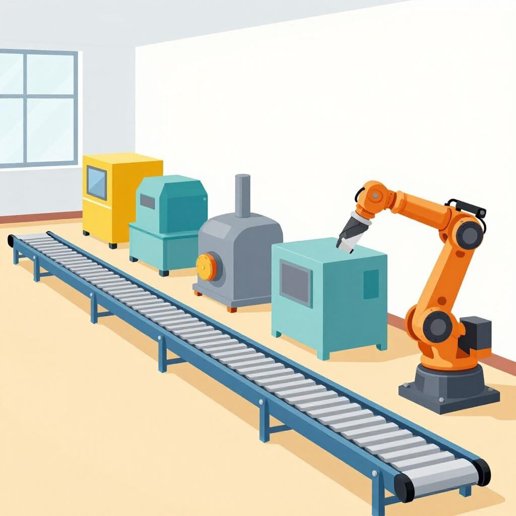 Una fila di varie macchine industriali colorate come un nastro trasportatore e un grande braccio robotico all'interno di una fabbrica pulita.