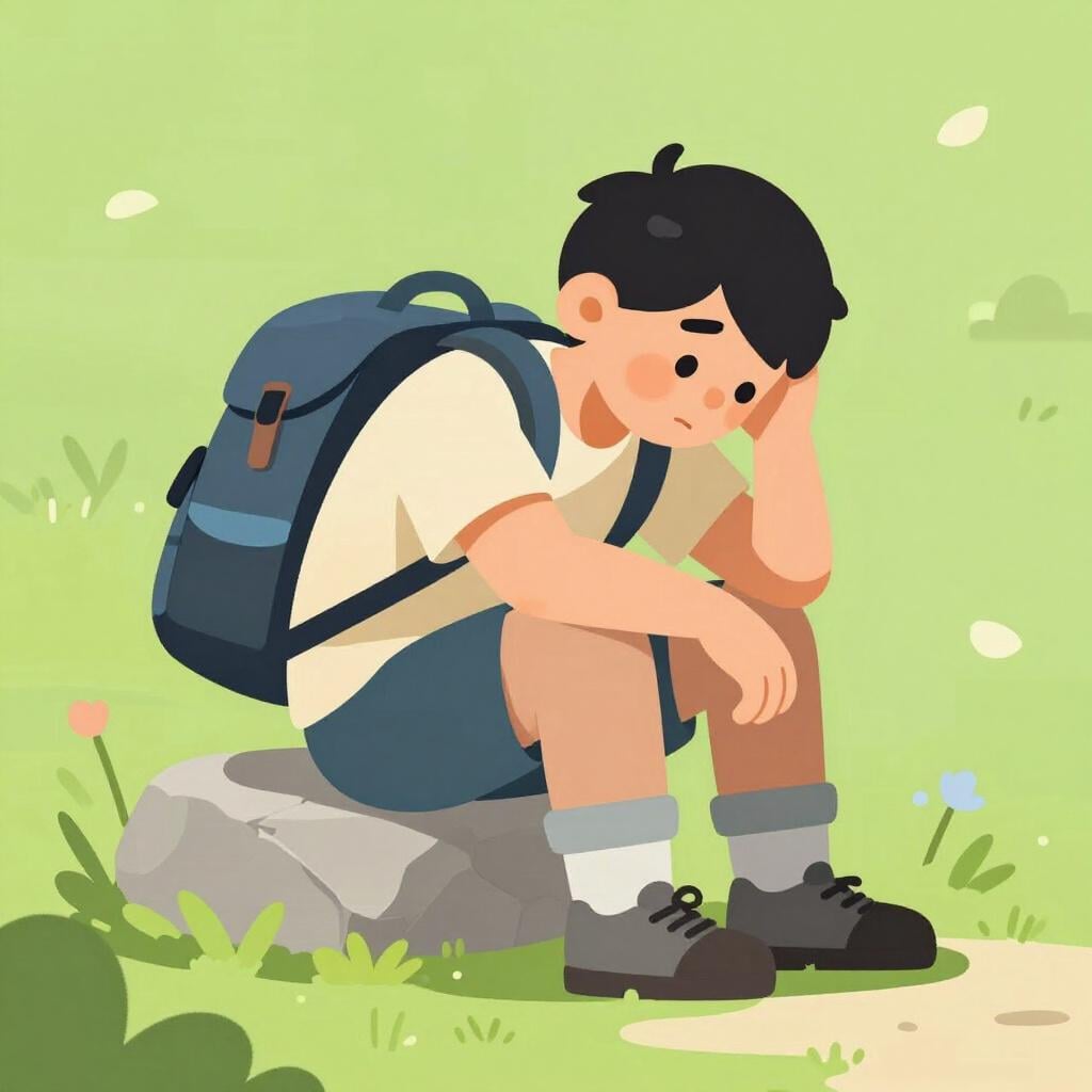 Un randonneur fatigué assis sur un rocher, la tête dans les mains et un sac à dos au sol.