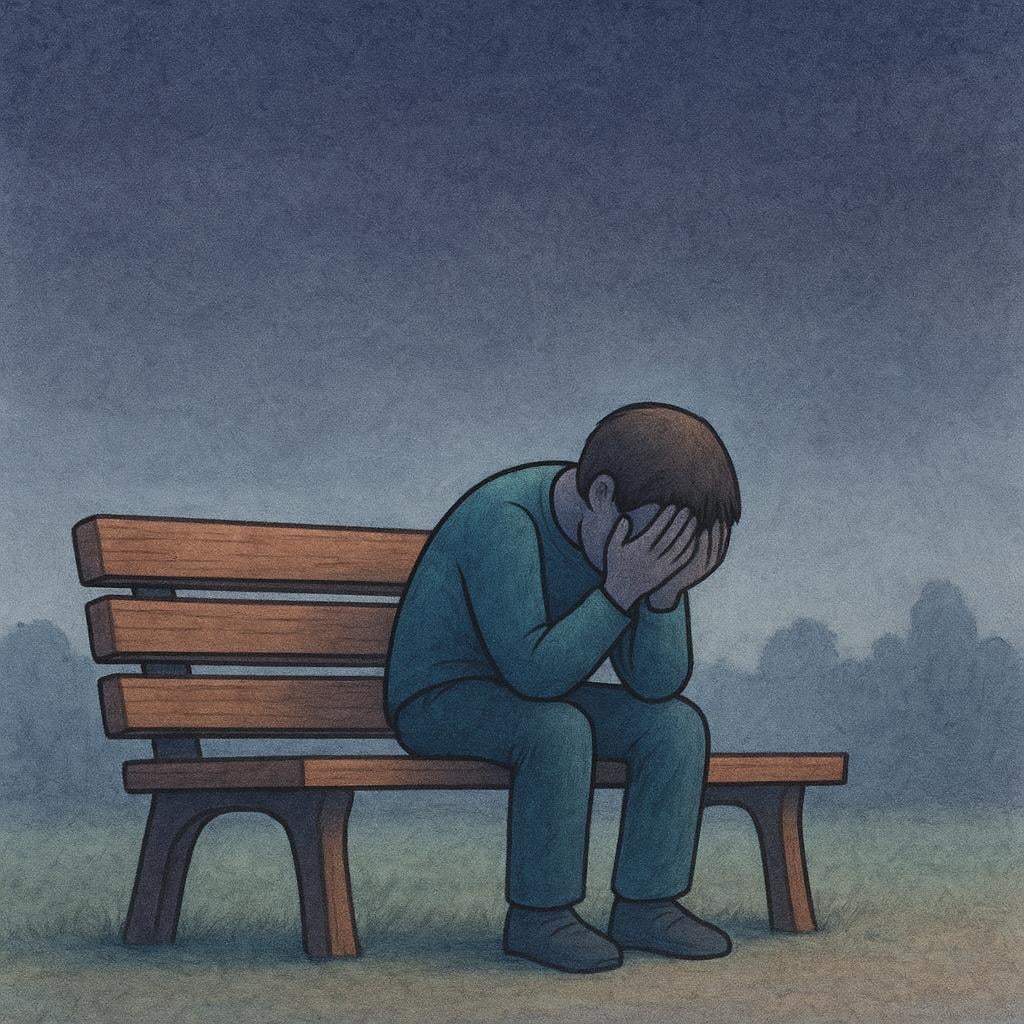 A solitary figure sitting alone on a simple wooden bench under a slightly somber sky, looking down with their head bowed in their hands, conveying deep remorse and regret.