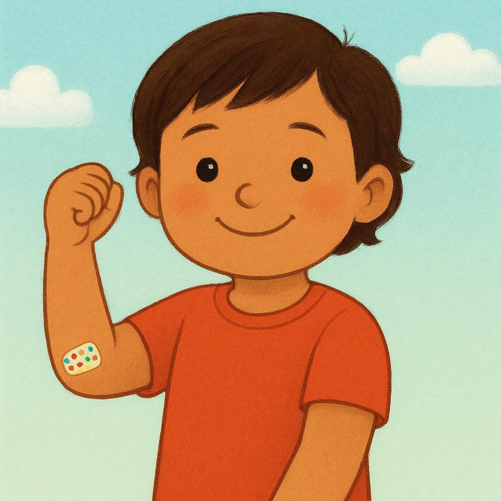 A child smiling while showing a small, colorful adhesive bandage placed on their elbow, indicating a minor injury.