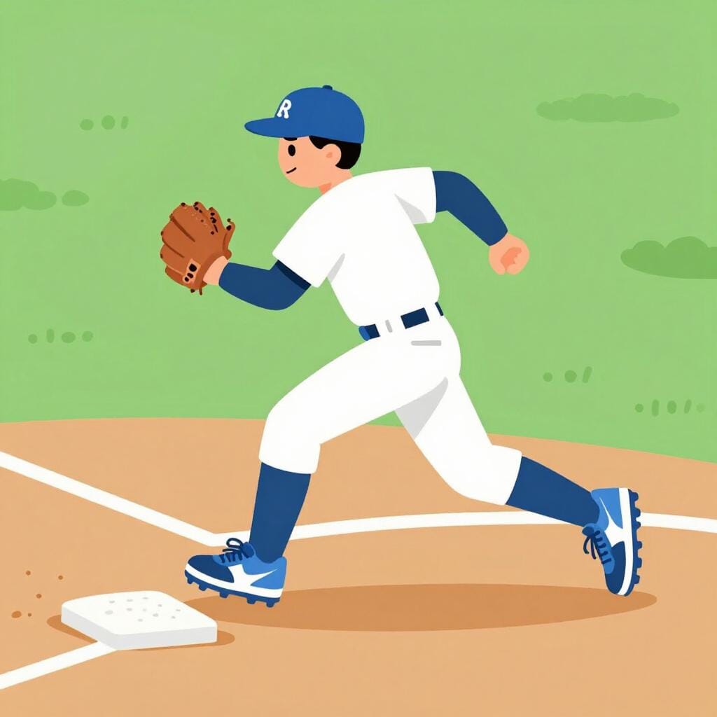 Een honkballer die naar een honk rent na een bal met een knuppel te hebben geraakt.