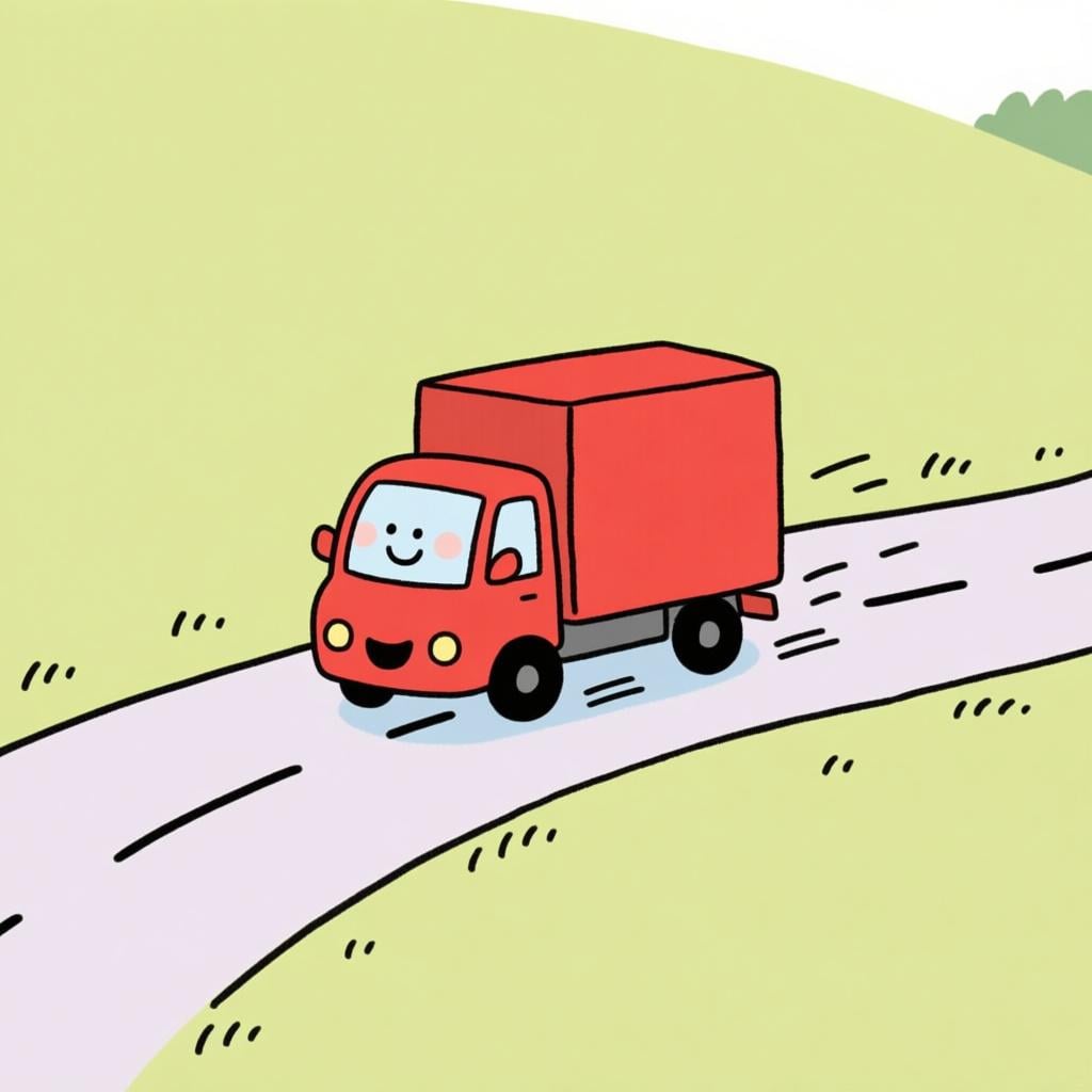 A cheerful red truck driving away from the viewer on a road, emphasizing movement toward the rear or background.