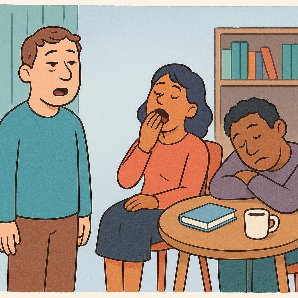 A man standing and speaking with an overly repetitive expression. Two listeners sitting nearby are visibly bored; one is yawning widely, and the other has fallen asleep with their head resting on a table.