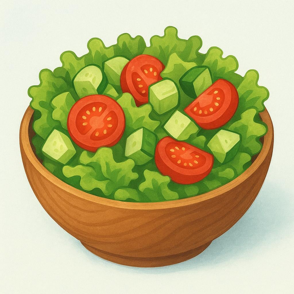 A simple wooden bowl overflowing with fresh, mixed raw vegetables, including chopped lettuce, sliced red tomatoes, and cucumber chunks.
