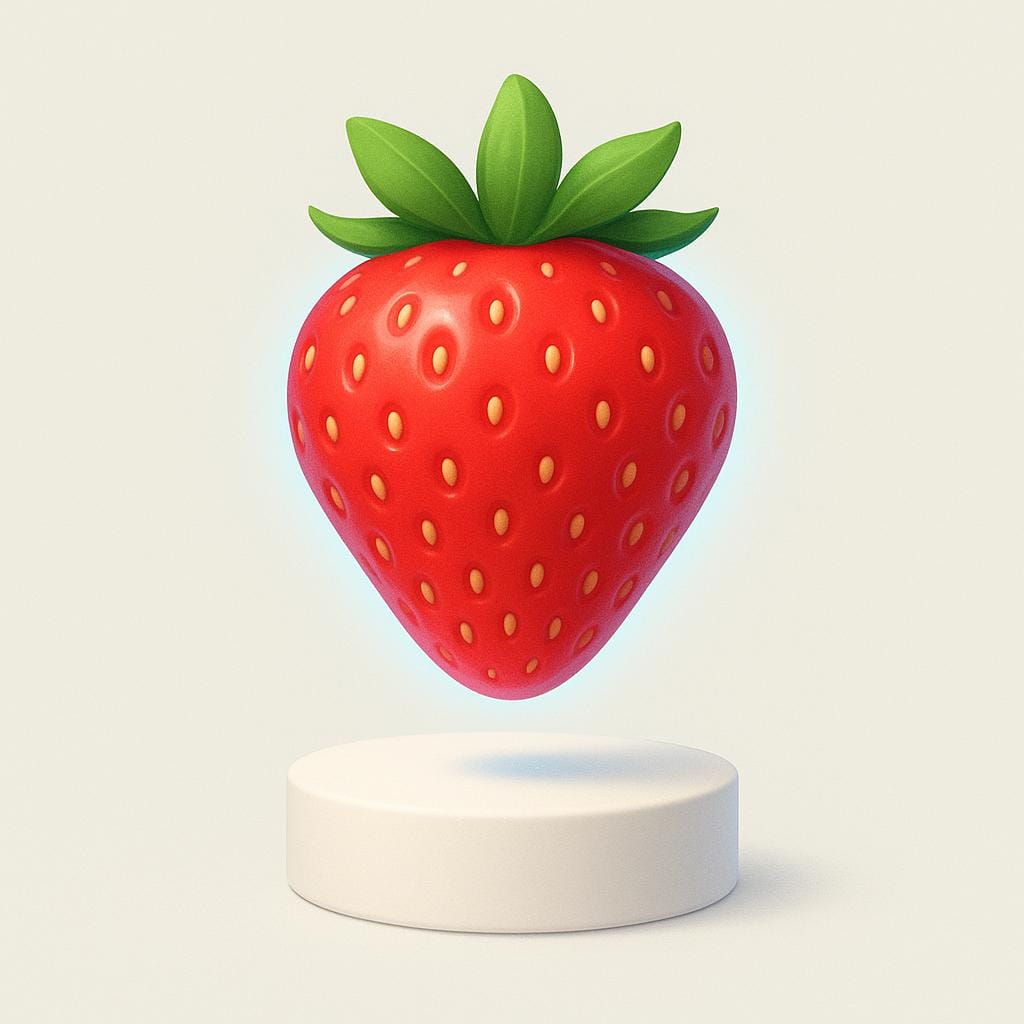 A single, perfectly ripe, bright red strawberry floating above a simple white pedestal, emitting a soft internal glow, symbolizing something wonderful and high quality.