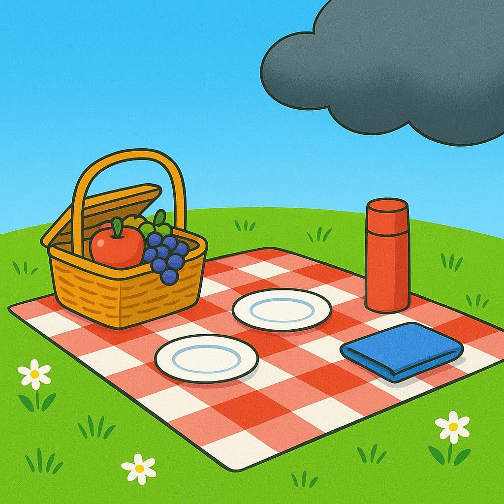 A cheerful outdoor scene with a picnic blanket and bright sun, but a single, large, dark grey rain cloud is drifting into the frame, suggesting the possibility of rain.