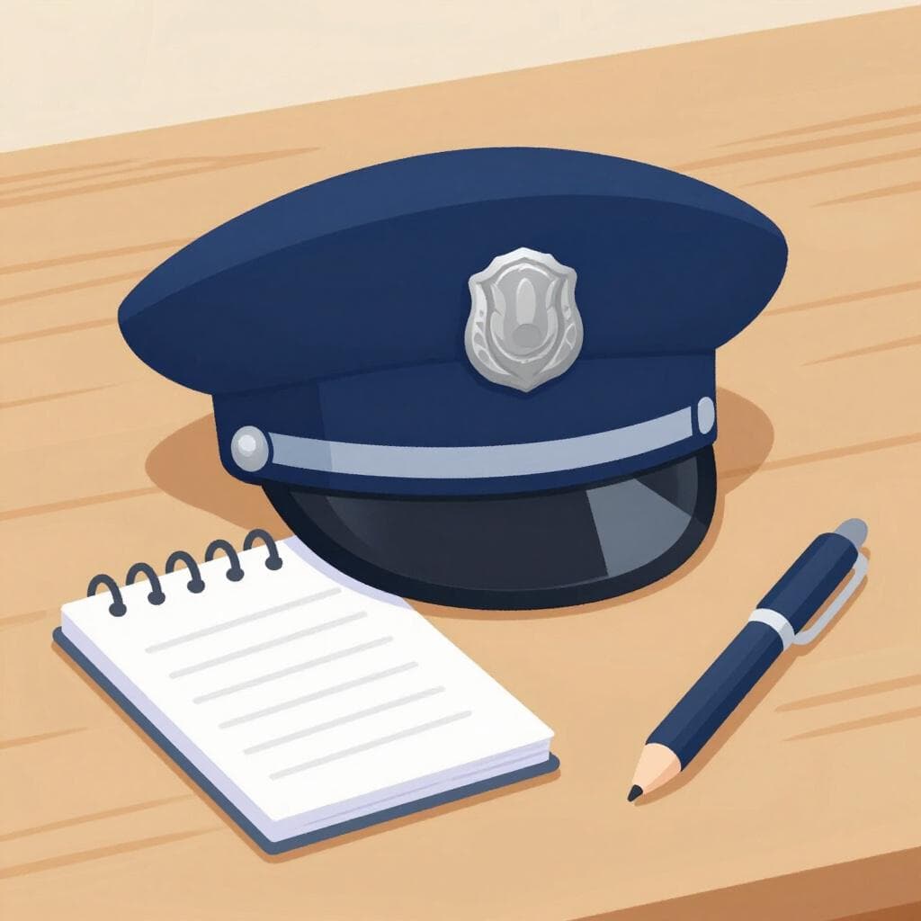 Een blauwe politiepet met een zilveren insigne, rustend op een houten tafel naast een notitieblok.