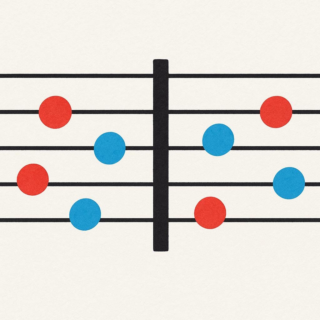 A simple depiction of a musical staff showing five horizontal lines. Two prominent vertical bar lines divide the staff into distinct sections, illustrating musical measures.