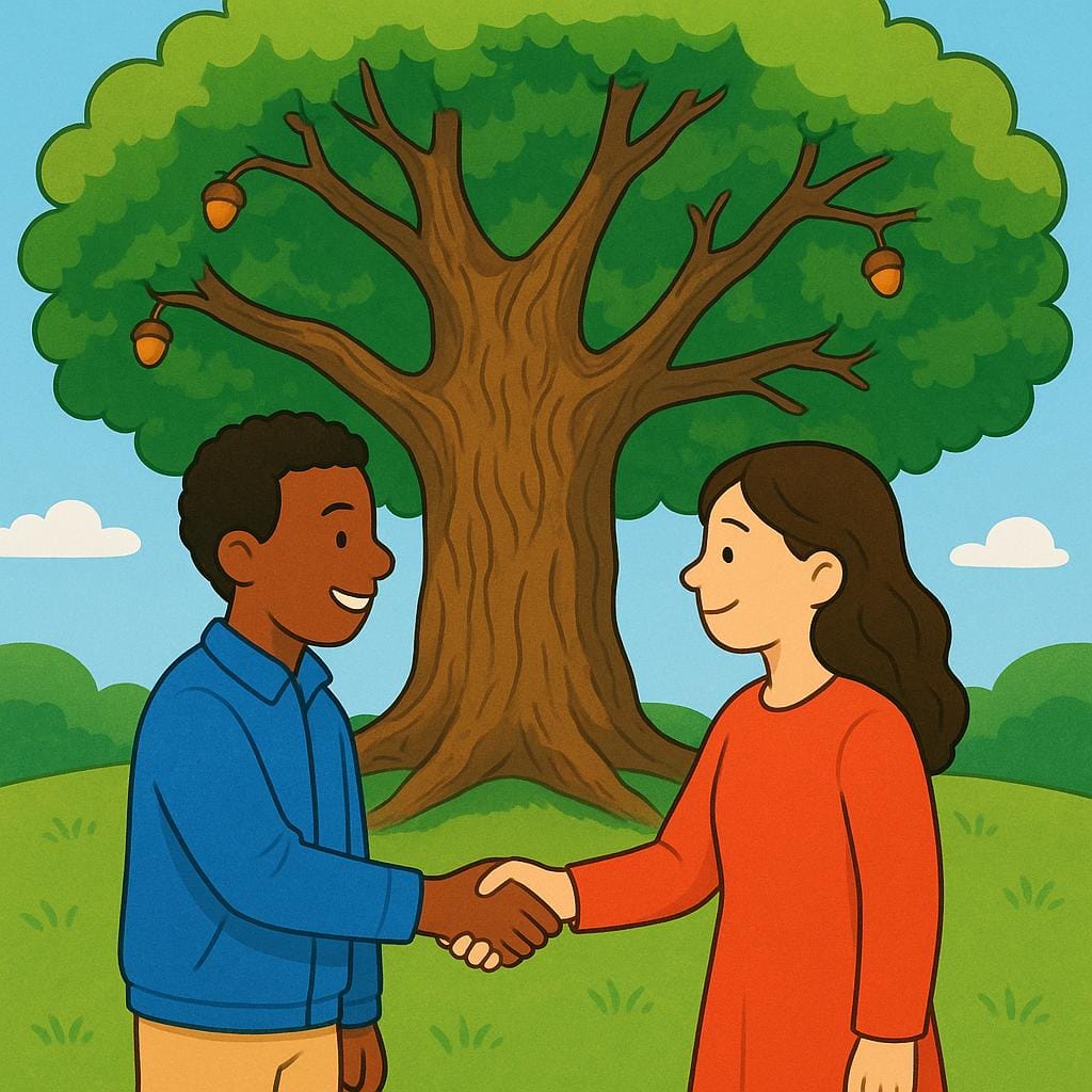 Two friendly cartoon figures smiling and shaking hands outdoors near a large, distinctive oak tree, symbolizing a successful arrangement.