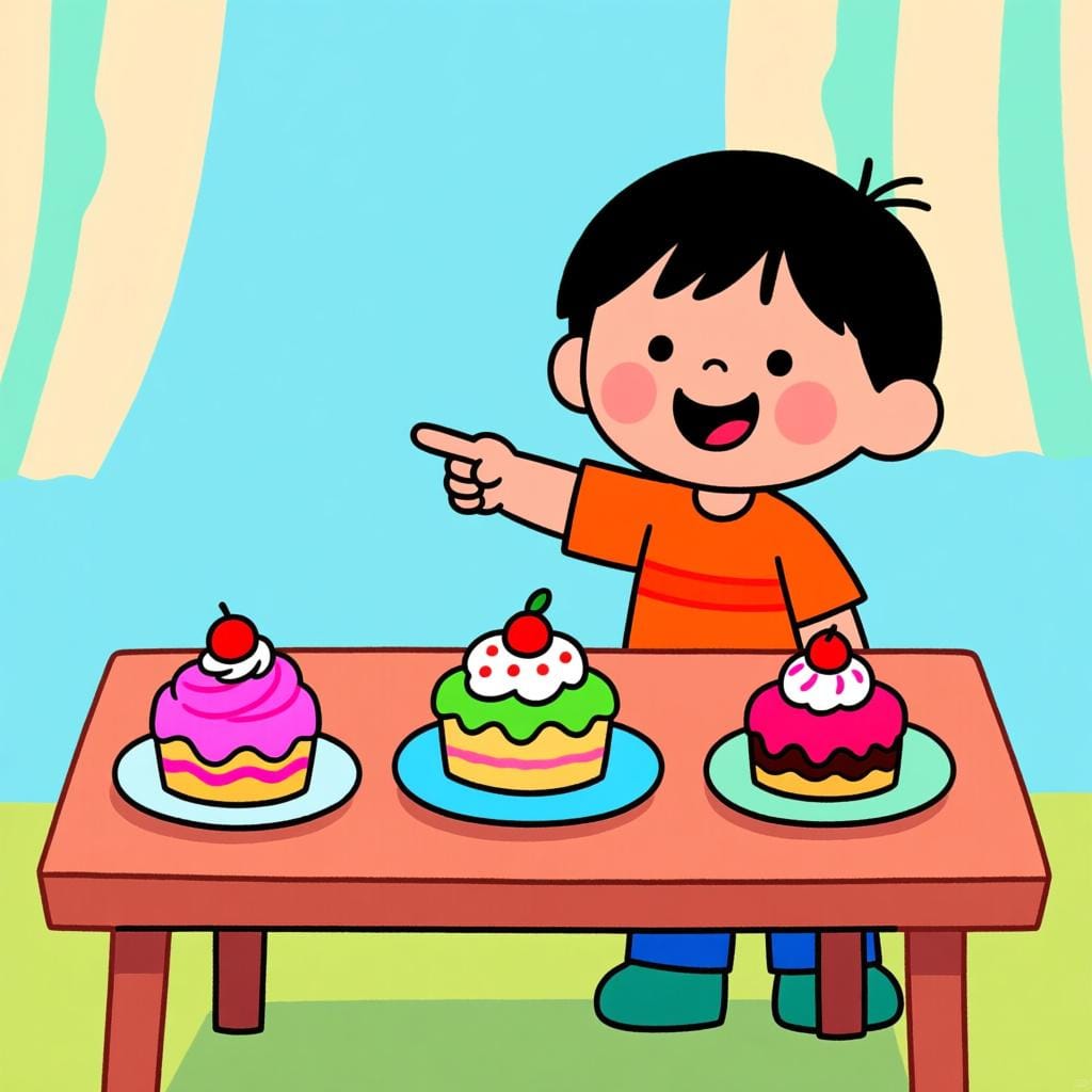 A cheerful child standing in front of a table laden with three different, colorful desserts (a cupcake, a slice of pie, and an ice cream cone). The child points happily toward one of the desserts, indicating choice.