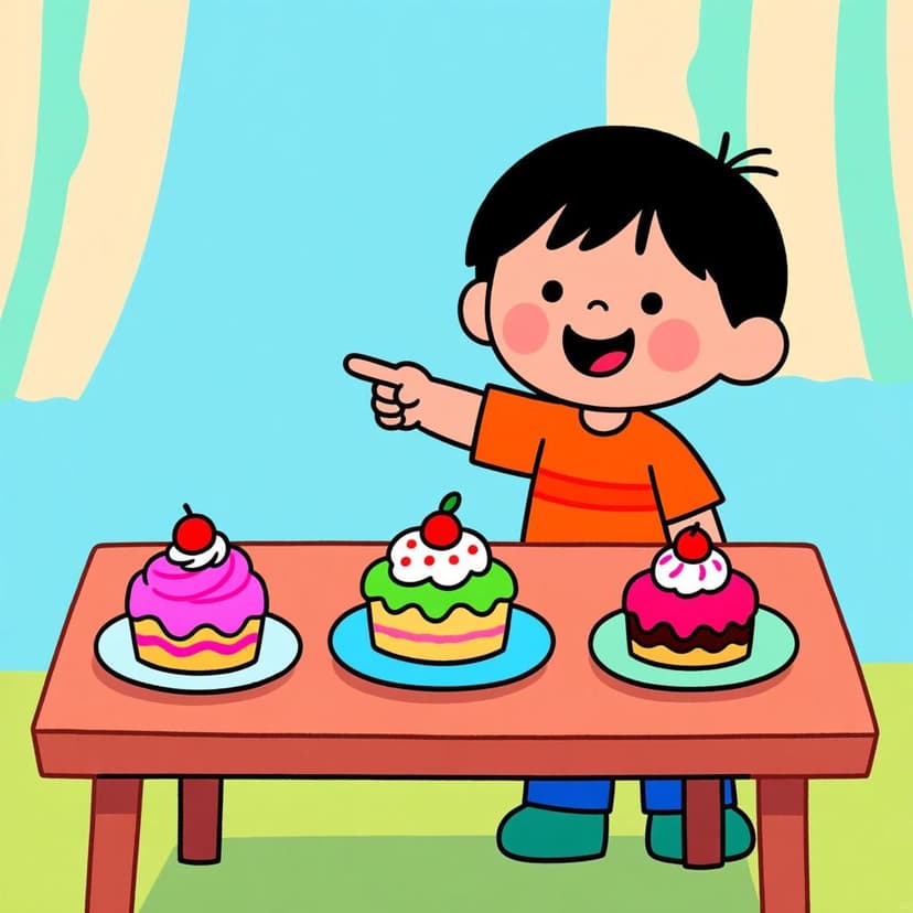 A cheerful child standing in front of a table laden with three different, colorful desserts (a cupcake, a slice of pie, and an ice cream cone). The child points happily toward one of the desserts, indicating choice.