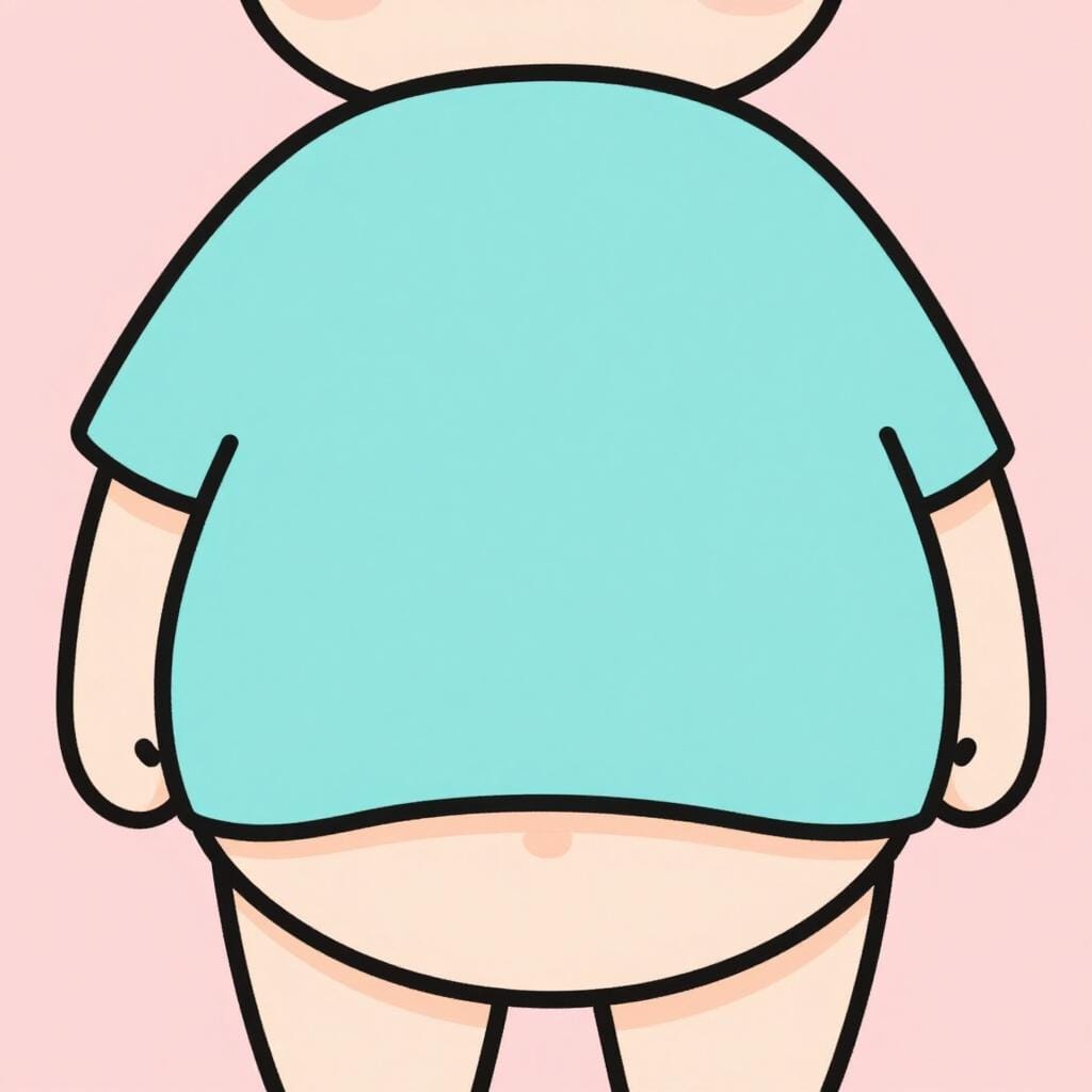 A friendly round belly on a cartoon character wearing a short shirt.