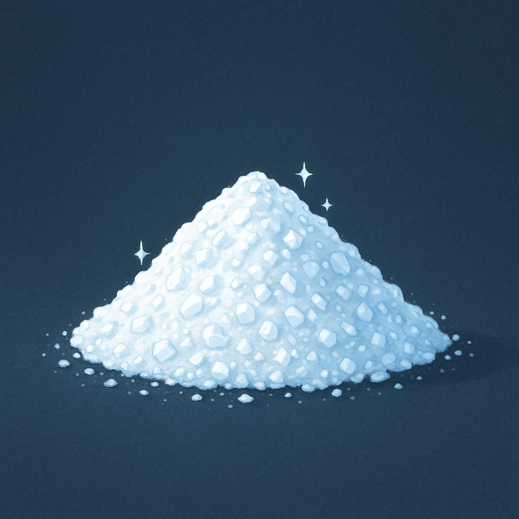 暗く無地の背景の上に、明るい白色の結晶性粉末が少量山積みになっている様子を示すシンプルなイラスト。
