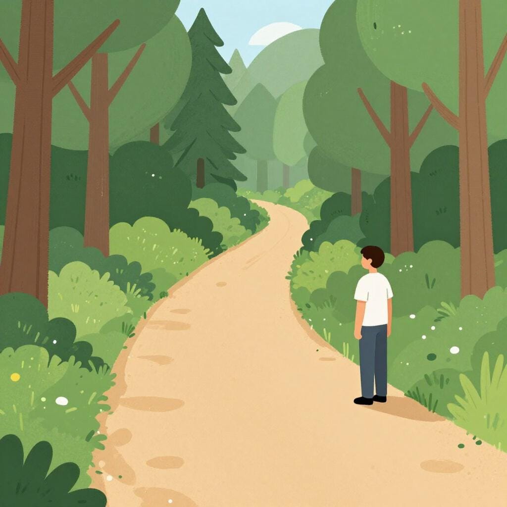 A person standing at a fork in a path, physically leaning their body toward the left path.