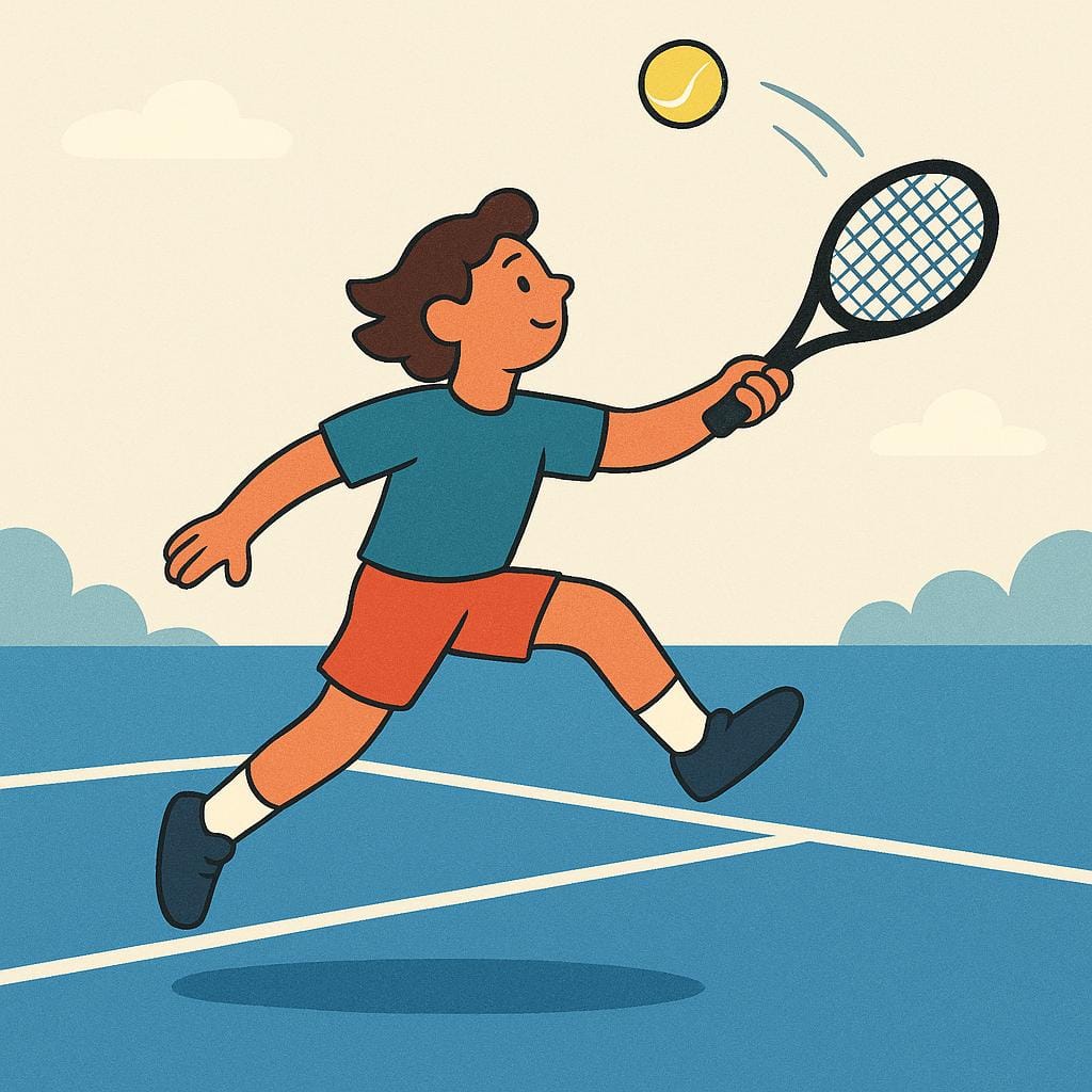 A simplified storybook illustration of a tennis player mid-air, serving a tennis ball forcefully over the net.