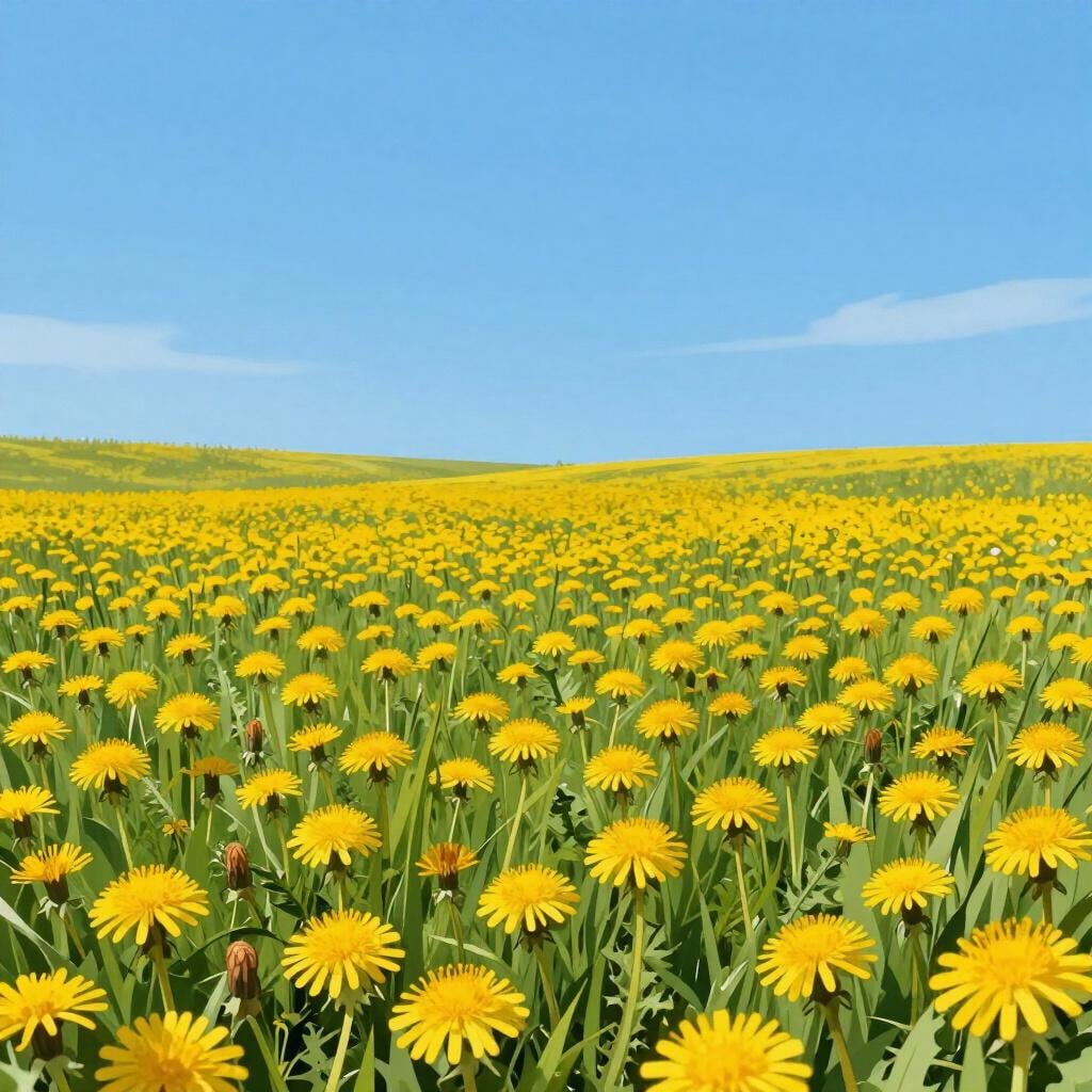 A wide field of bright yellow dandelions growing everywhere across a rolling hill.