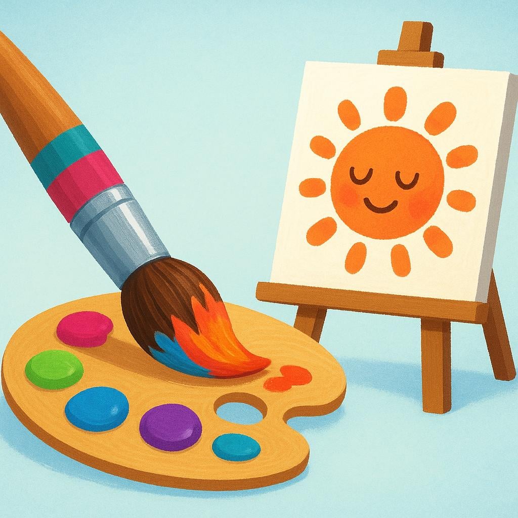 A large, colorful paintbrush dipping into a palette of bright paints, positioned next to a canvas displaying a simple, expressive sun.