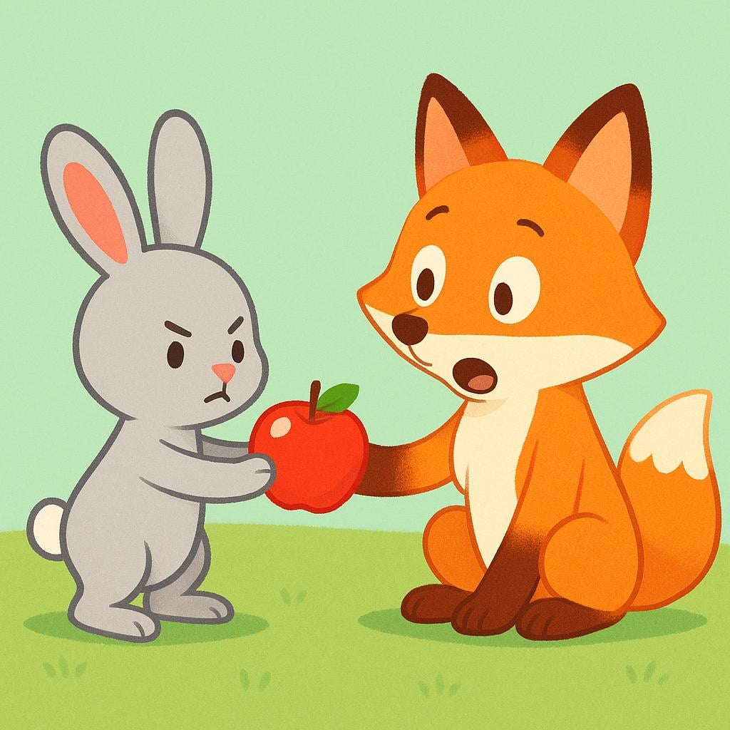 A small, determined rabbit is taking a bright red apple from the open, surprised paw of an orange fox, symbolizing an act of retaliation or getting even.
