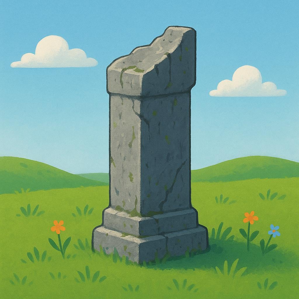 A crumbling, weathered stone column fragment standing upright in a grassy field under a blue sky, symbolizing historical ruins.