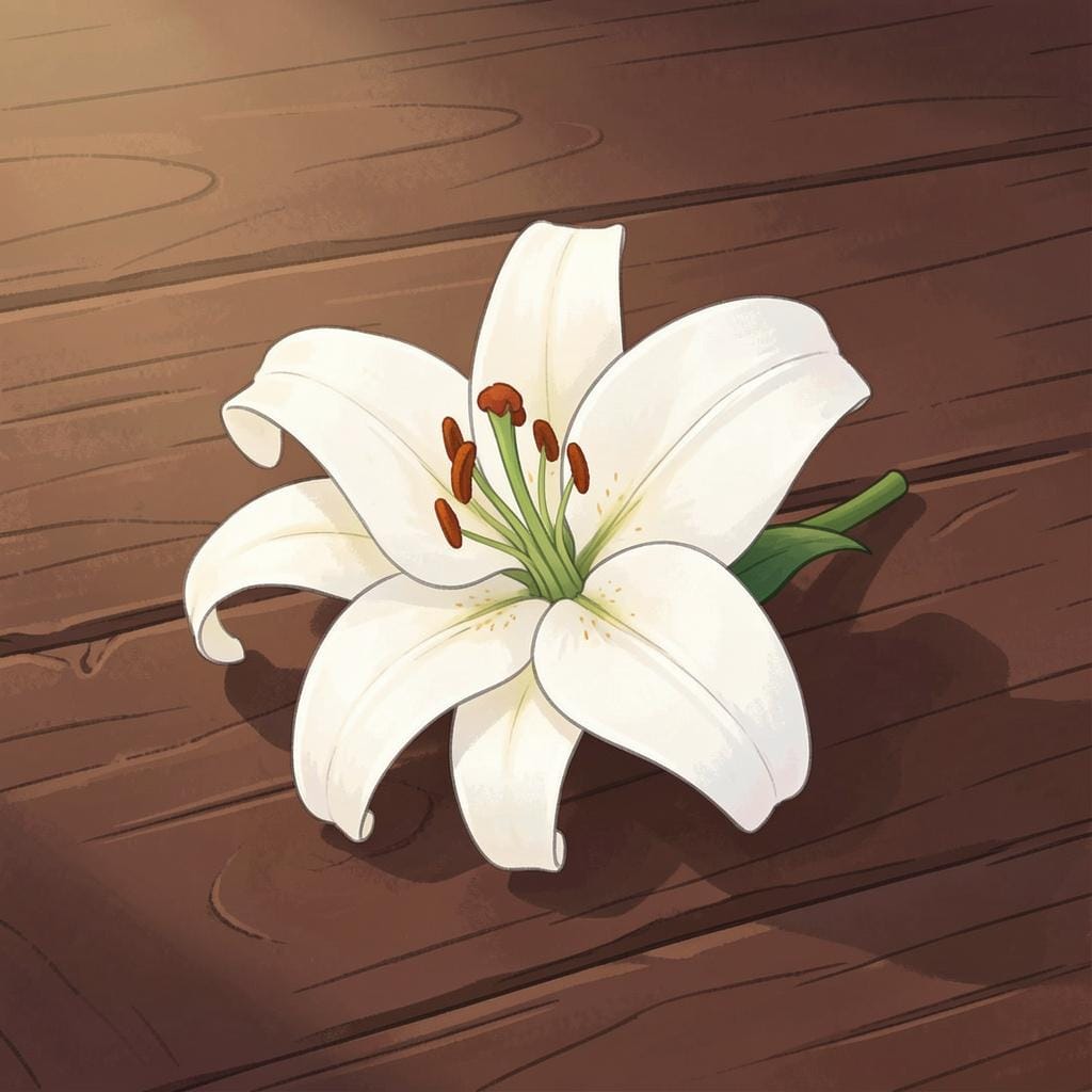 A single white lily flower sitting on a dark wooden table in a dimly lit room.