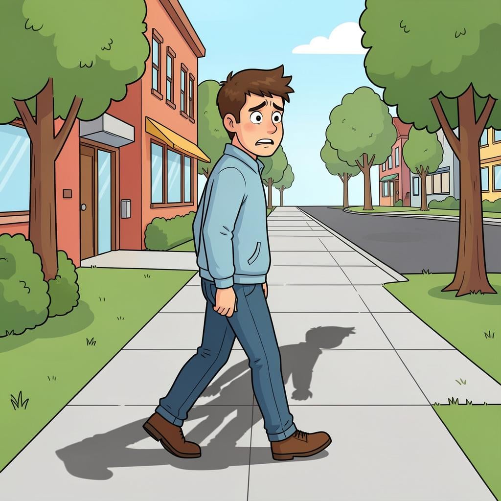 A man walking down a street looking over his shoulder at his own shadow.