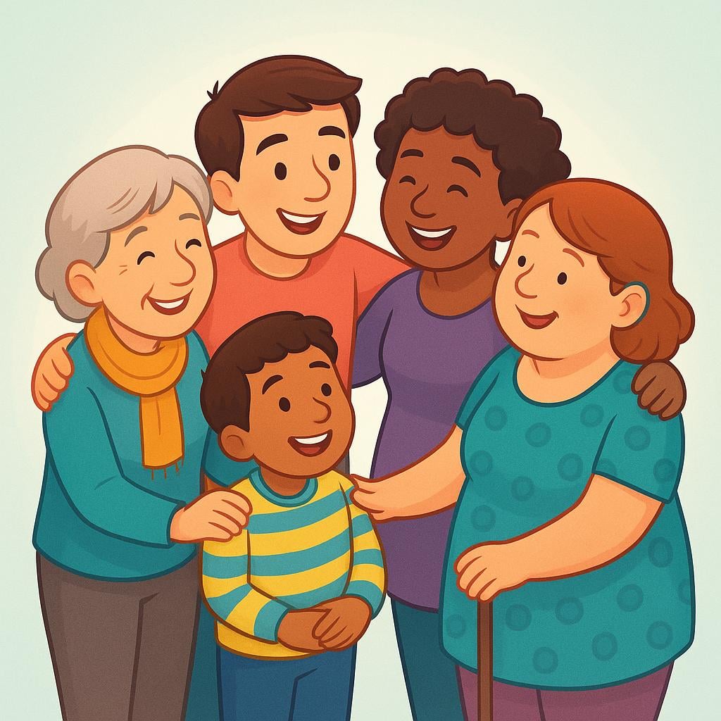 An illustration of five diverse, stylized people standing close together in a tight circular formation, suggesting a social circle or close-knit group.