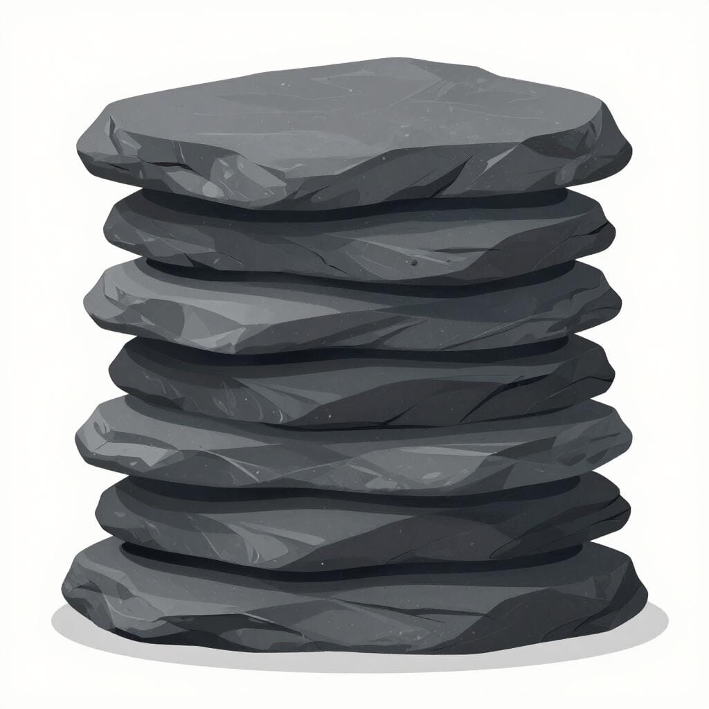 A stack of flat, dark grey slate rocks in a natural setting.
